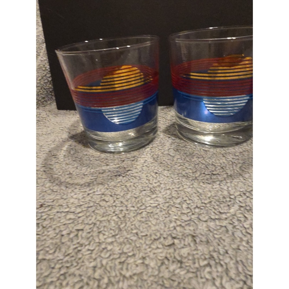 VINTAGE 1988 ANCHOR HOCKING WHISKEY GLASSES 3.5" Gold Red Blue Set Of 3 - Picture 2 of 5